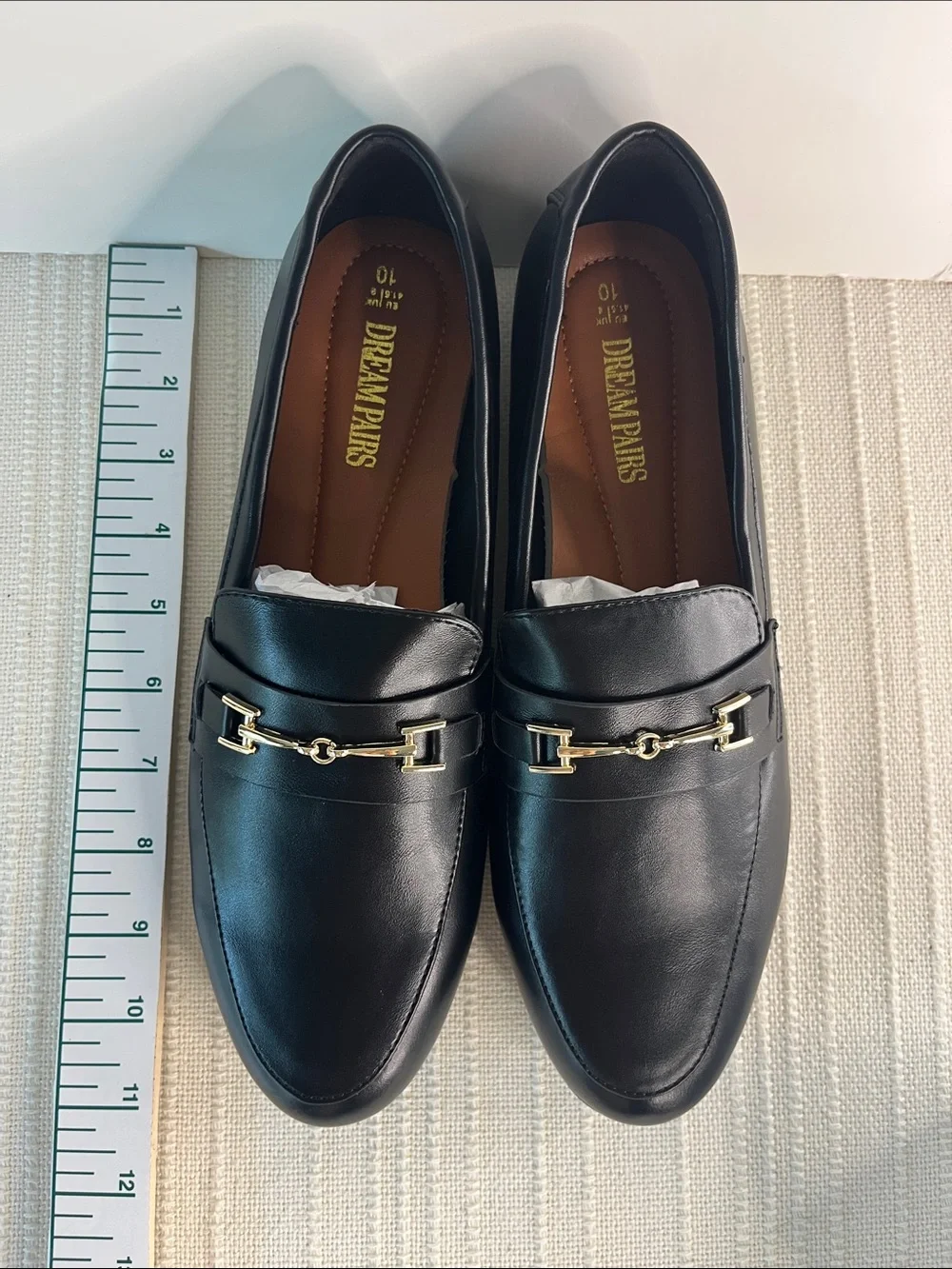 Dream Pairs: women's Black Leather Slip-On Loafers with Gold Bit, never worn NWT